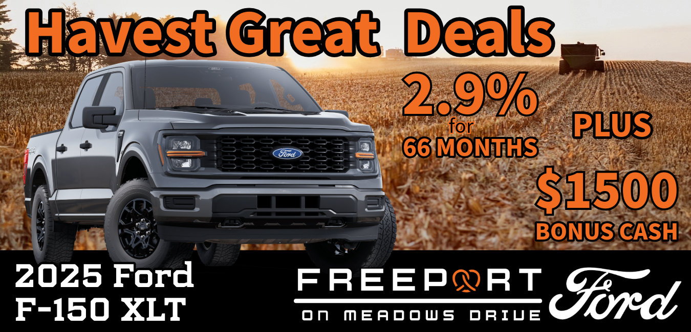 2025 Ford F-150 XLT parked beside a soybean field near Freeport, Illinois during harvest season at sunset