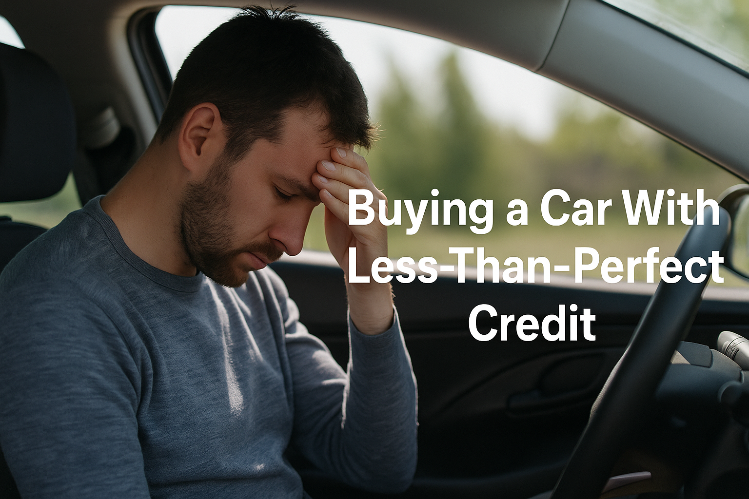 A man sitting in the driver seat of his car with his head in his hand, looking stressed about his credit situation, with text on the image that reads “Buying a Car With Less Than Perfect Credit.”