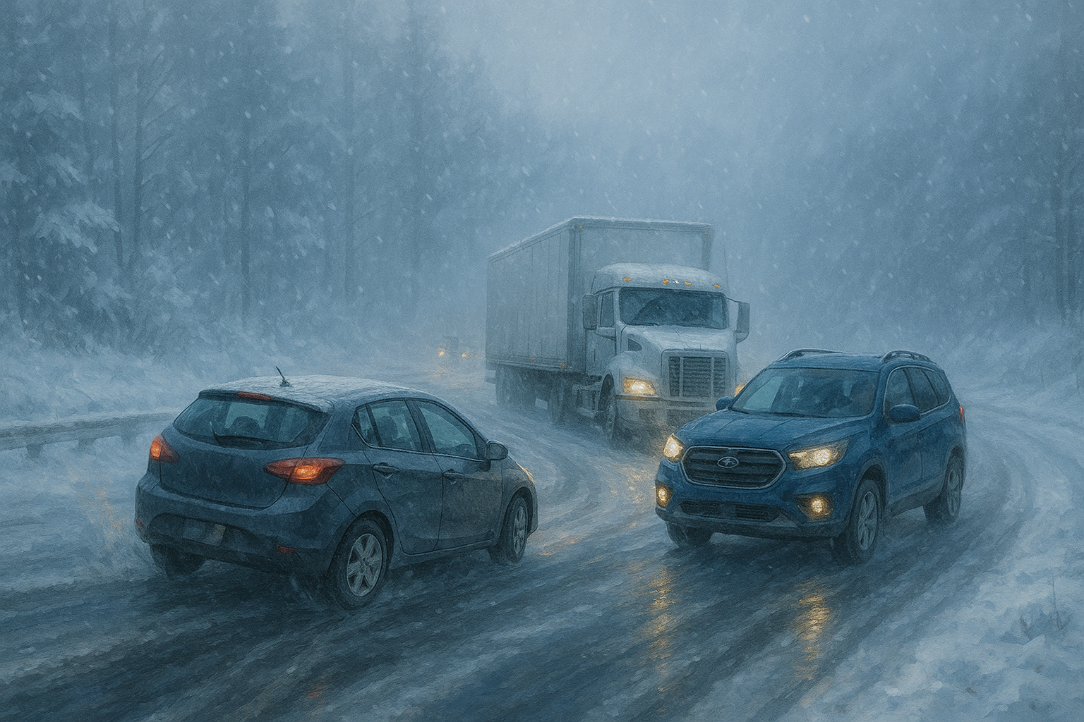 A realistic winter highway scene showing cars and a semi-truck navigating heavy snow, icy roads, and low visibility during a snowstorm.