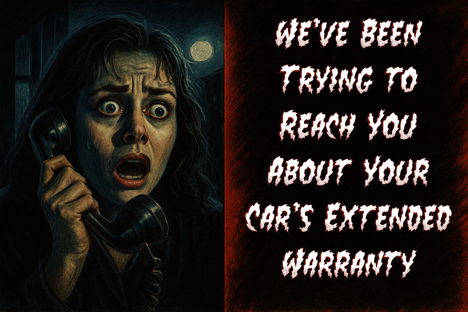 Retro horror-style illustration of a frightened person holding a ringing telephone, with the text “We’ve been trying to reach you about your car’s extended warranty,” designed as a humorous visual for an extended service contract blog.