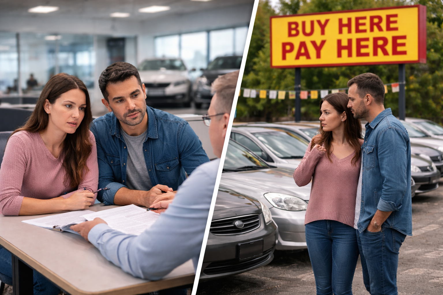 Couple reviewing financing options at a traditional car dealership compared to shopping at a buy here pay here lot in Northern Illinois