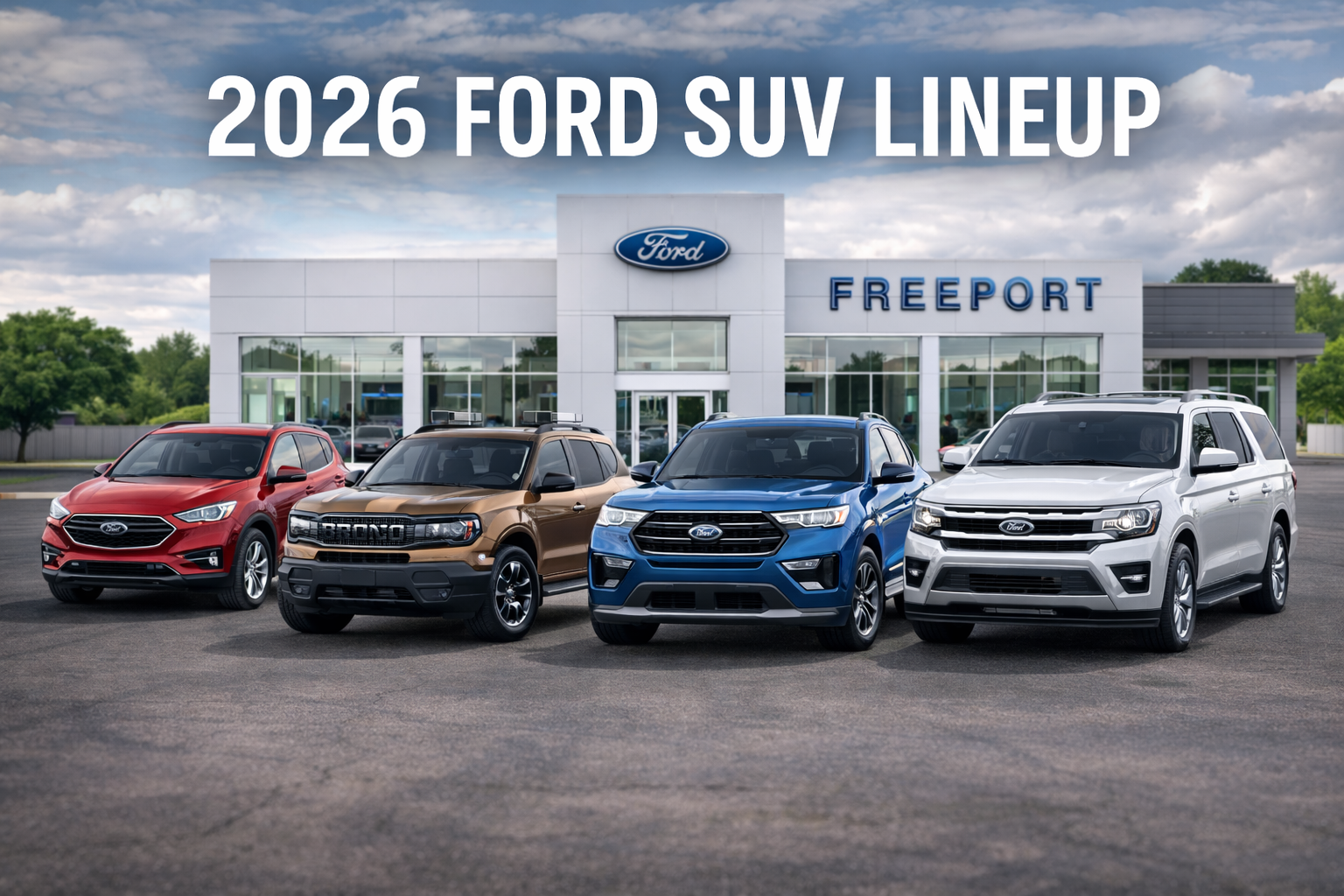 2026 Ford SUV lineup featuring the Escape, Bronco Sport, Explorer, and Expedition at Freeport Ford in Freeport Illinois