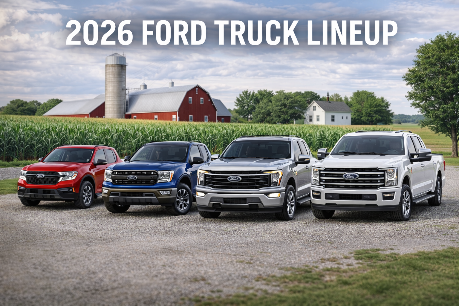 2026 Ford truck lineup featuring the Maverick, Ranger, F-150, and Super Duty on a Northern Illinois farm near Freeport Illinois